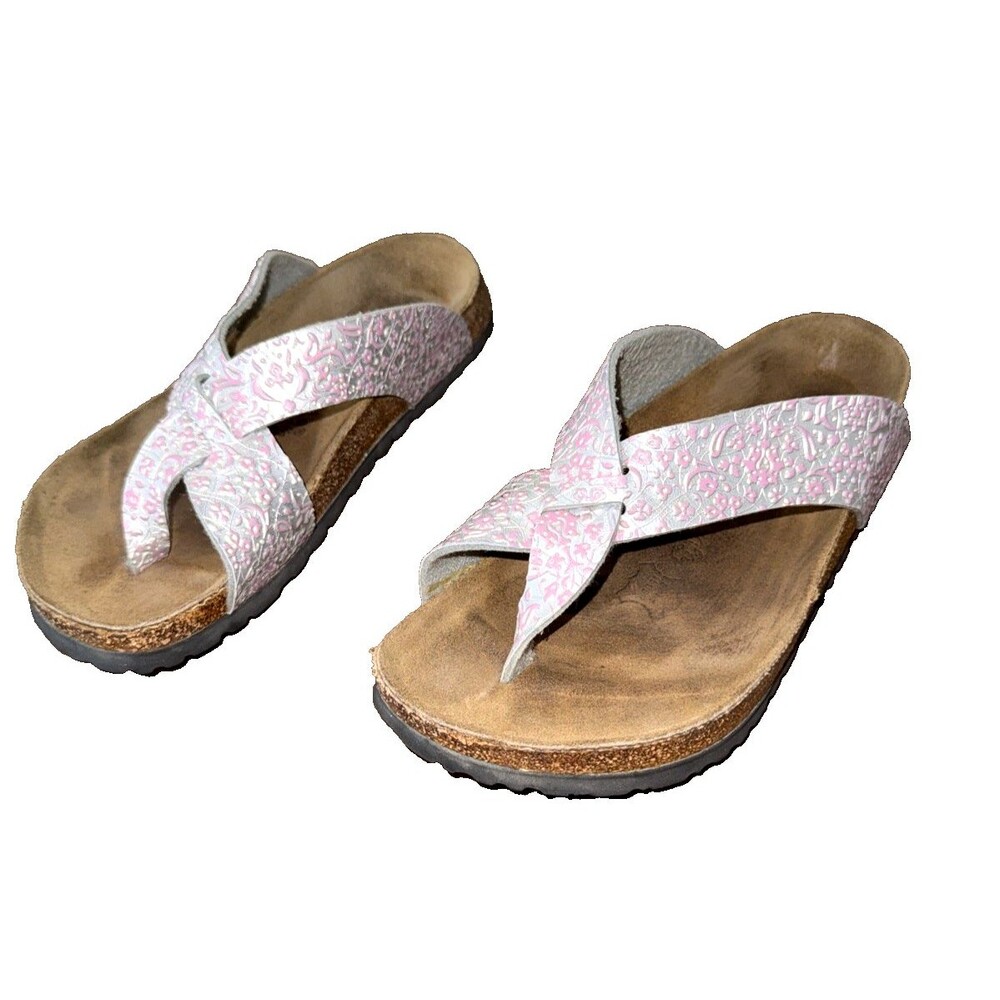 Birki's Birkenstock Cancun Floral Cork Footbed Thong Sandals Pink Silver 37 US6